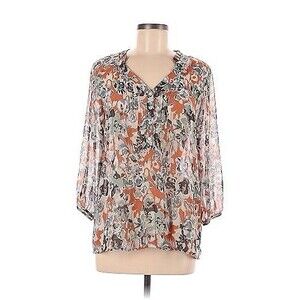 Quintessential Sheer Watercolor Floral Front Pleats Quarter Sleeve Blouse L